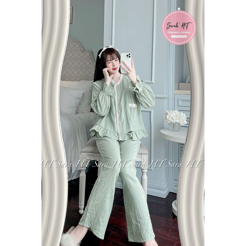 Bộ Đũi Xô Nhăn Viền Ren Mặc Nhà Thu Đông Mã DD826