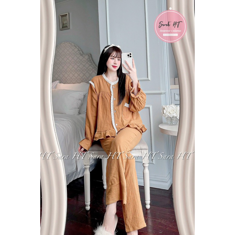 Bộ Đũi Xô Nhăn Viền Ren Mặc Nhà Thu Đông Mã DD826