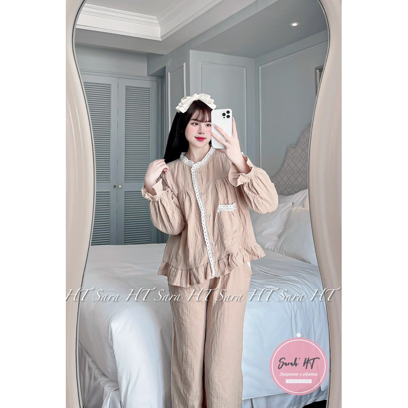 Bộ Đũi Xô Nhăn Viền Ren Mặc Nhà Thu Đông Mã DD826