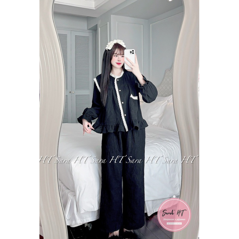 Bộ Đũi Xô Nhăn Viền Ren Mặc Nhà Thu Đông Mã DD826