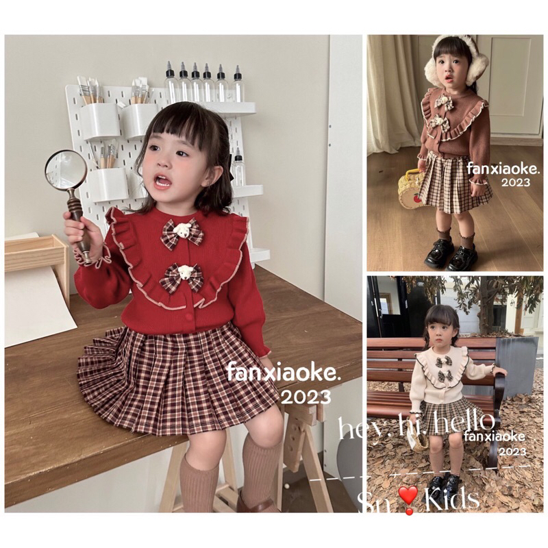 SET VÁY LEN NHUNG KÈM GẤU CHO BÉ 🎁 MUa 1 TẶNG 1 🎁 SET ÁO TIỂU THƯ CHẤT LEN NHUNG KÈM CHÂN VÁY KẺ DẬP LI HÀN QUỐC CHO BÉ