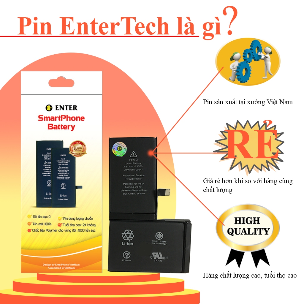 Pin EnterTech dùng cho ĐT 5G/ 5S/ 5SE/ 6G/ 6S/ 6 Plus/ 6S Plus 7G/ 7 Plus/ 8G/ 8 Plus/ X/ Xs/ 11/ 11P/ 11PRM