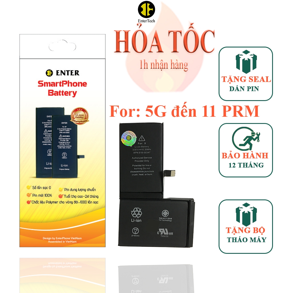 Pin EnterTech dùng cho ĐT 5G/ 5S/ 5SE/ 6G/ 6S/ 6 Plus/ 6S Plus 7G/ 7 Plus/ 8G/ 8 Plus/ X/ Xs/ 11/ 11P/ 11PRM