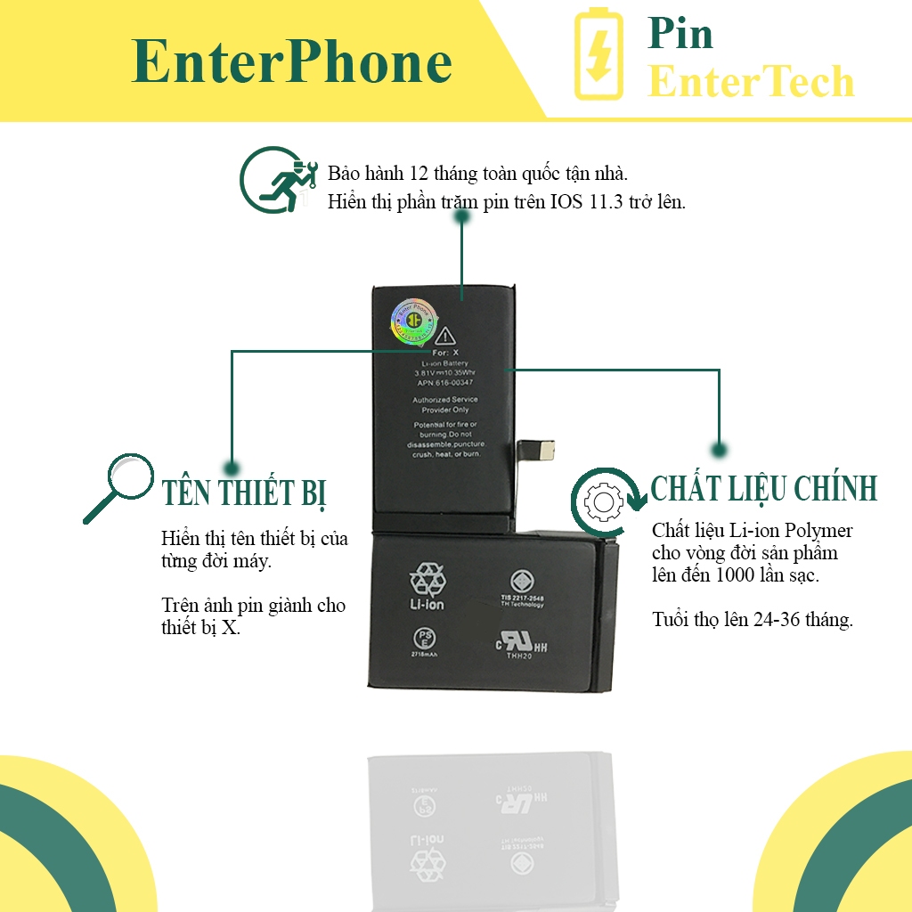 Pin EnterTech dùng cho ĐT 5G/ 5S/ 5SE/ 6G/ 6S/ 6 Plus/ 6S Plus 7G/ 7 Plus/ 8G/ 8 Plus/ X/ Xs/ 11/ 11P/ 11PRM