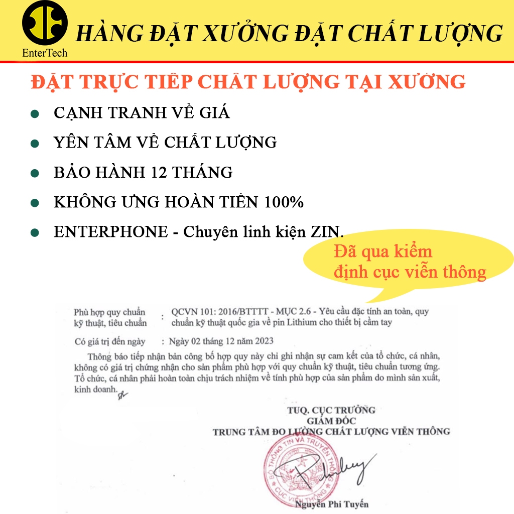 Pin EnterTech dùng cho ĐT 5G/ 5S/ 5SE/ 6G/ 6S/ 6 Plus/ 6S Plus 7G/ 7 Plus/ 8G/ 8 Plus/ X/ Xs/ 11/ 11P/ 11PRM