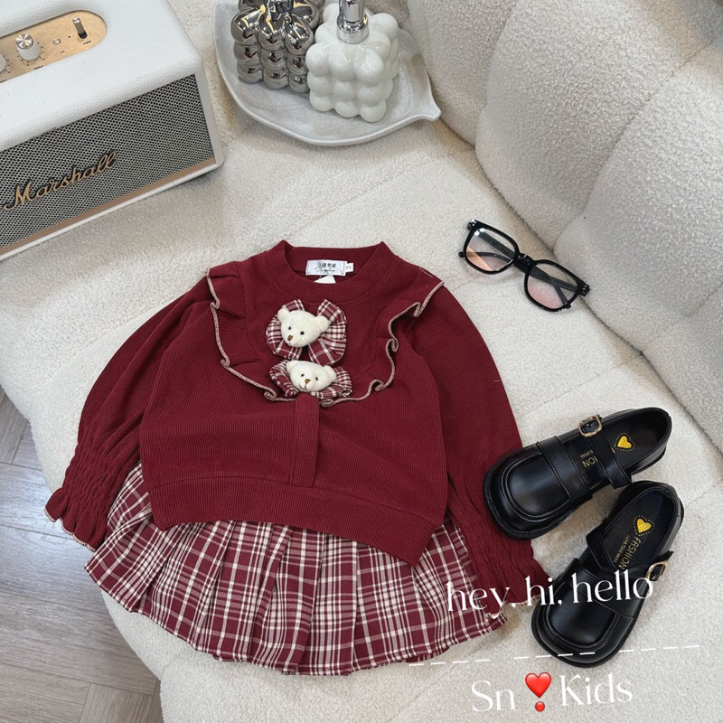 SET VÁY LEN NHUNG KÈM GẤU CHO BÉ 🎁 MUa 1 TẶNG 1 🎁 SET ÁO TIỂU THƯ CHẤT LEN NHUNG KÈM CHÂN VÁY KẺ DẬP LI HÀN QUỐC CHO BÉ