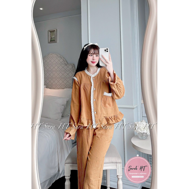 Bộ Đũi Xô Nhăn Viền Ren Mặc Nhà Thu Đông Mã DD826