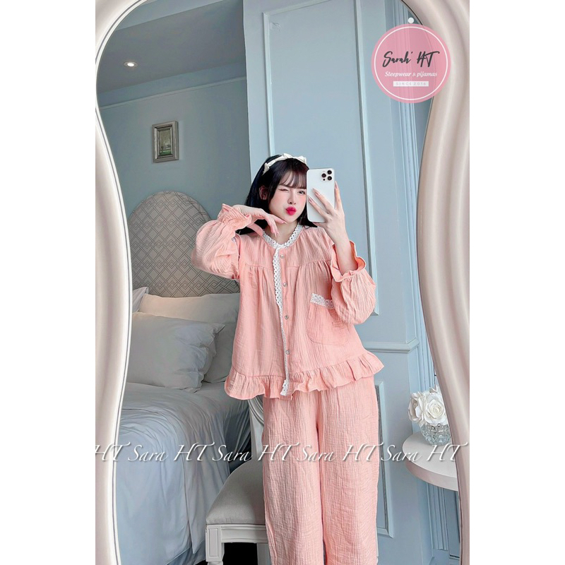 Bộ Đũi Xô Nhăn Viền Ren Mặc Nhà Thu Đông Mã DD826
