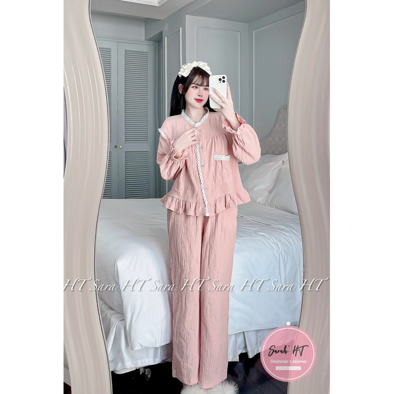 Bộ Đũi Xô Nhăn Viền Ren Mặc Nhà Thu Đông Mã DD826