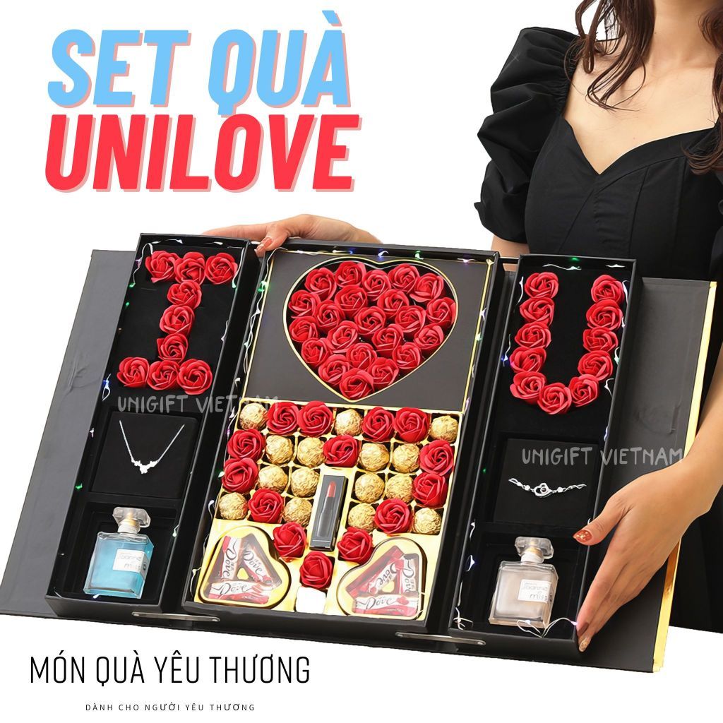 Hộp quà UniLove, set quà tặng bạn gái, người yêu UNIGIFT bao gồm socola, lắc, hoa hồng, nước hoa, đèn, phụ kiện...