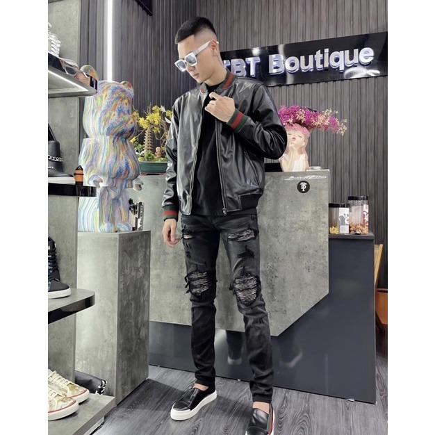 Áo khoác da bomber jacket GC nam nữ trơn bóng phối bo chun sọc xanh đỏ khoá zip kéo kiểu dáng basic AK52P