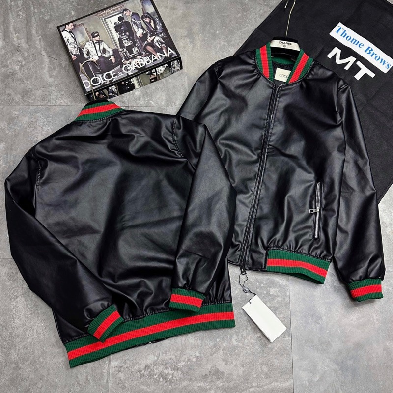 Áo khoác da bomber jacket GC nam nữ trơn bóng phối bo chun sọc xanh đỏ khoá zip kéo kiểu dáng basic AK52P