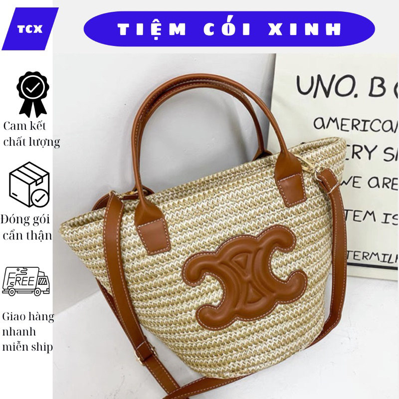 Túi cói logo da chữ X có quai xách và dây đeo chéo tháo rời kèm khoá kéo tiện lợi