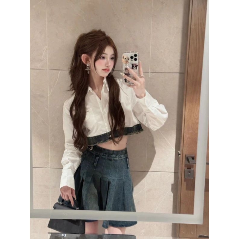 Áo Sơ Mi Nữ Croptop Phối Bò Mài Gấu Size S M - Halinh Shop - Áo Sơ Mi Nữ Croptop Mix Viền Bò Chất Thô Mềm Cực Xinh