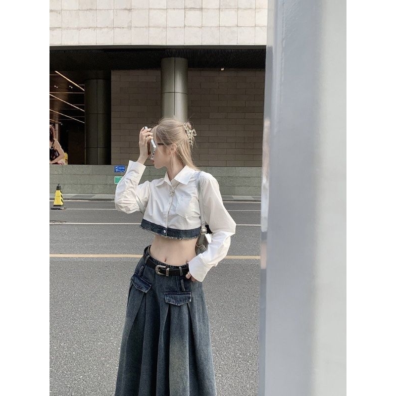 Áo Sơ Mi Nữ Croptop Phối Bò Mài Gấu Size S M - Halinh Shop - Áo Sơ Mi Nữ Croptop Mix Viền Bò Chất Thô Mềm Cực Xinh