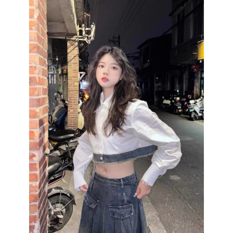 Áo Sơ Mi Nữ Croptop Phối Bò Mài Gấu Size S M - Halinh Shop - Áo Sơ Mi Nữ Croptop Mix Viền Bò Chất Thô Mềm Cực Xinh