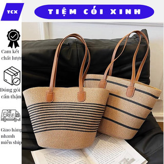 Túi cói tote đeo vai kẻ sọc ngang dáng hình thang đi biển vintage