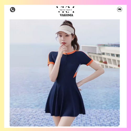 Bikini 1 mảnh đồ bơi đi biển dáng váy xanh đen phối cam có quần trong váy kín đáo VAKOMA TT134