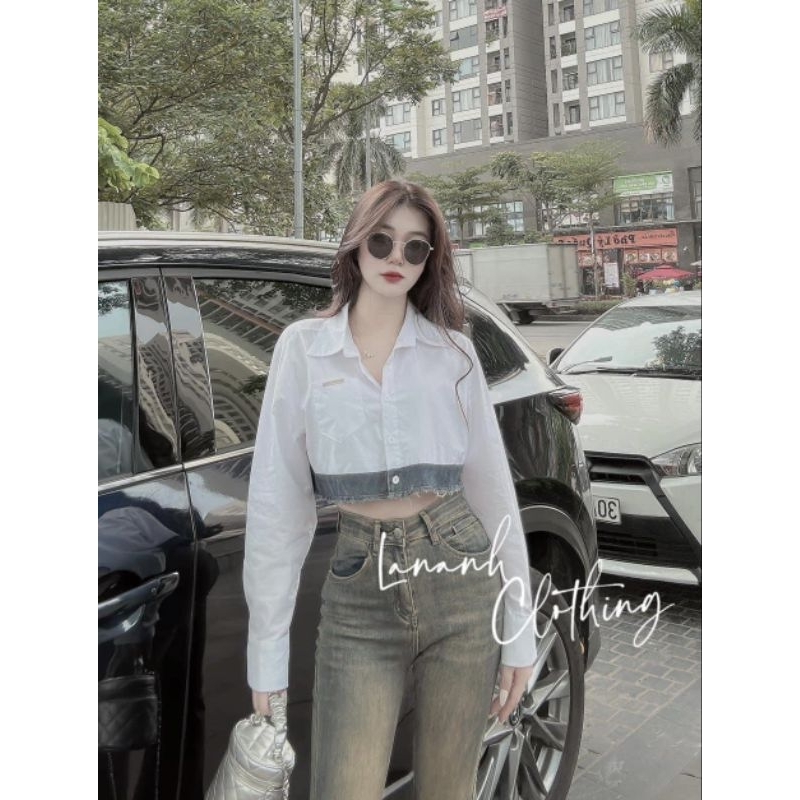 Áo Sơ Mi Nữ Croptop Phối Bò Mài Gấu Size S M - Halinh Shop - Áo Sơ Mi Nữ Croptop Mix Viền Bò Chất Thô Mềm Cực Xinh