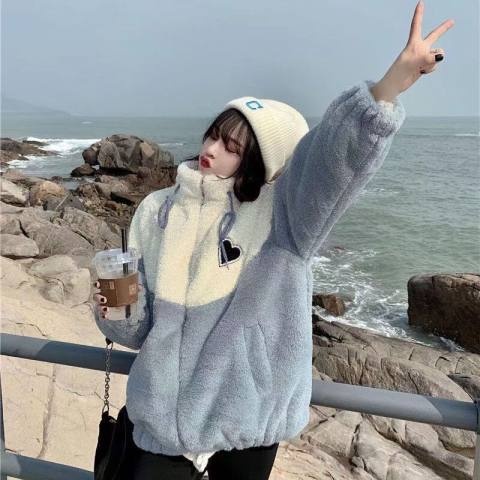 Áo khoác Lông cừu ,Áo khoác hoodie Vải lông cừu giữ ấm Thoải Logo hình trái tim -NANASHOP
