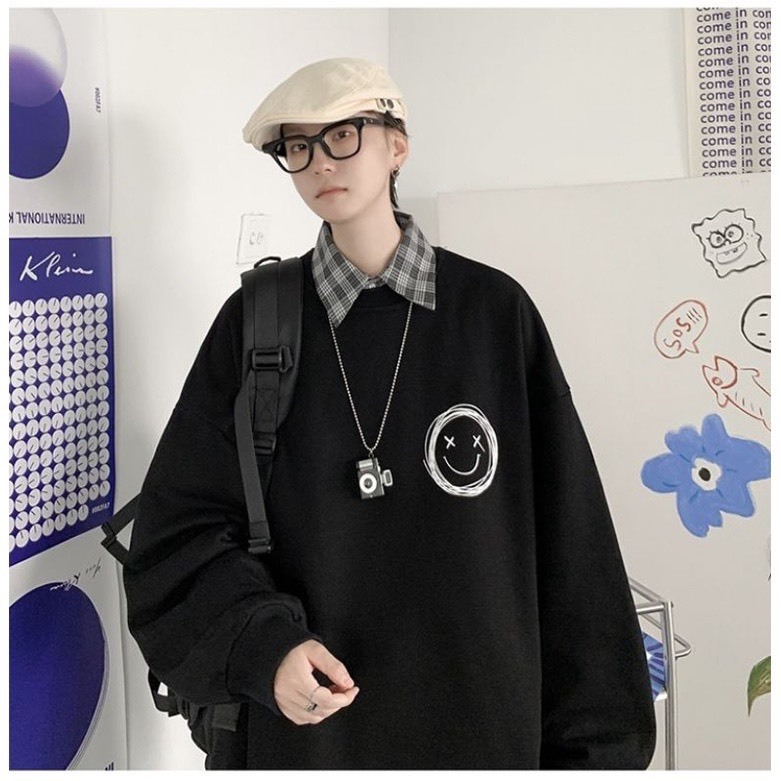 Áo Sweater Trơn 3 Màu Hình Icon Mặt Cười Form Rộng Unisex phong cách hàn quốc -NANASHOP