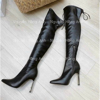 Bốt đùi mũi nhọn gót đính đá kéo khoá cao 9p buộc dây sau cho nữ