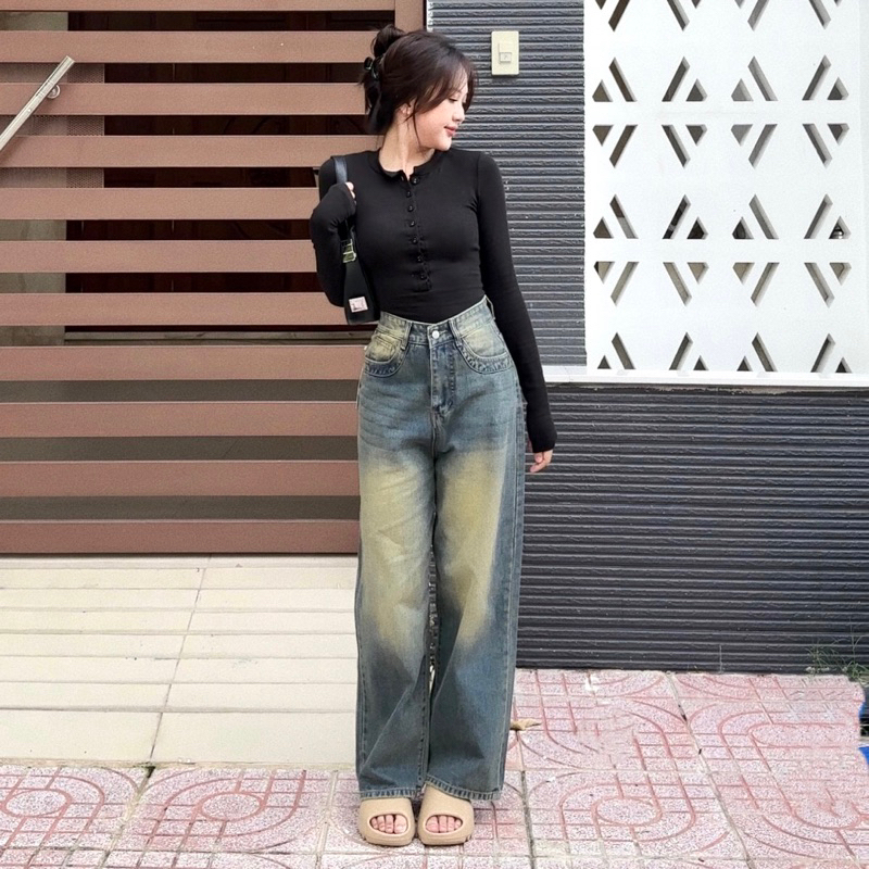 Quần jean suông nữ lưng cao viền túi