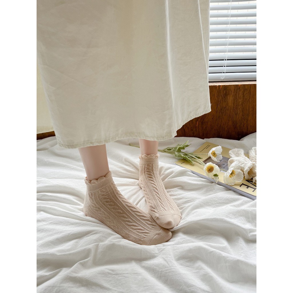 Set 5 Đôi Tất Len Gân Cổ Bèo Vặn Thừng Màu Tone Nâu Phong Cách Hàn