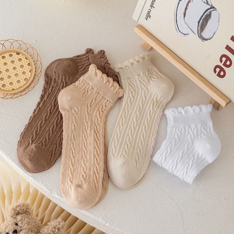 Set 5 Đôi Tất Len Gân Cổ Bèo Vặn Thừng Màu Tone Nâu Phong Cách Hàn