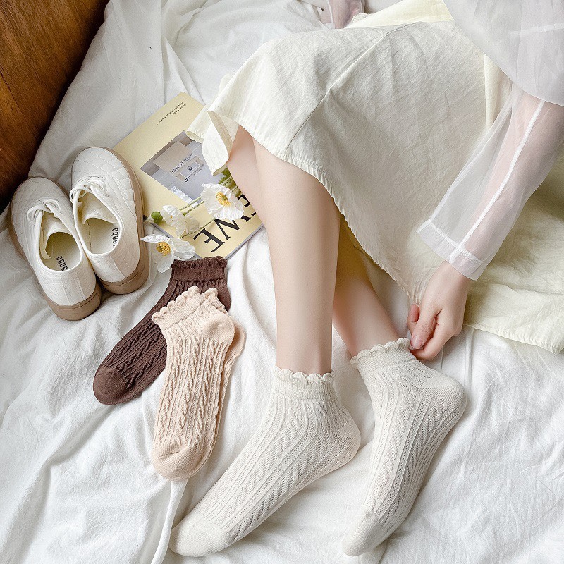 Set 5 Đôi Tất Len Gân Cổ Bèo Vặn Thừng Màu Tone Nâu Phong Cách Hàn