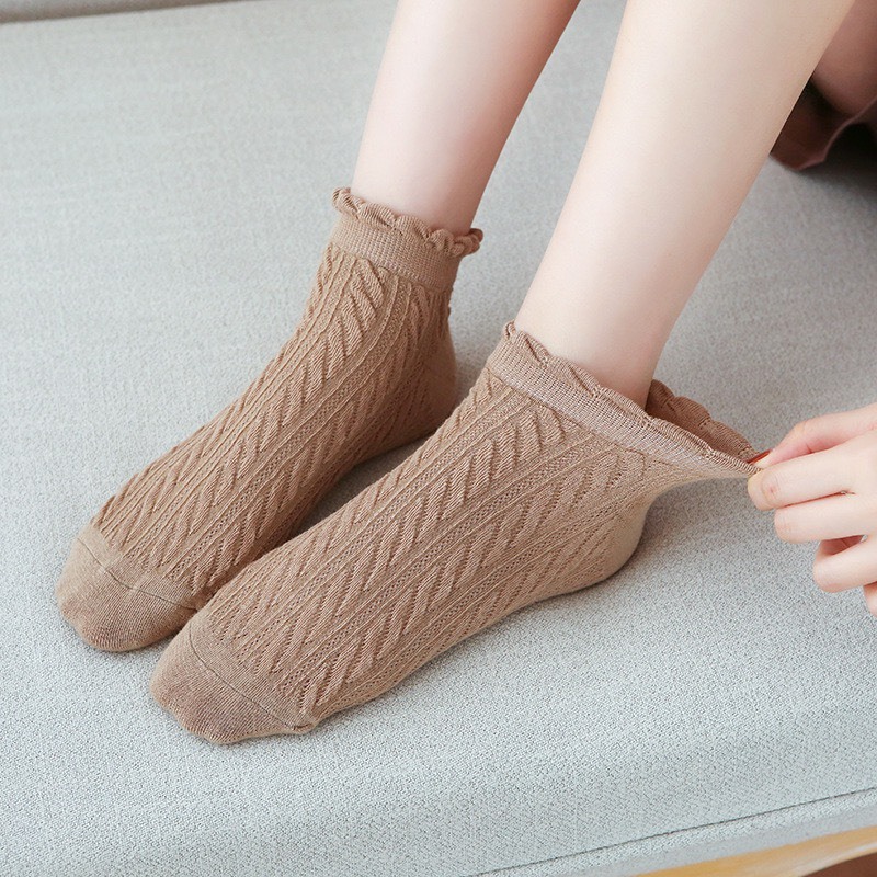 Set 5 Đôi Tất Len Gân Cổ Bèo Vặn Thừng Màu Tone Nâu Phong Cách Hàn