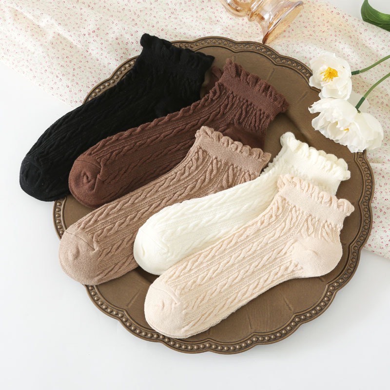 Set 5 Đôi Tất Len Gân Cổ Bèo Vặn Thừng Màu Tone Nâu Phong Cách Hàn