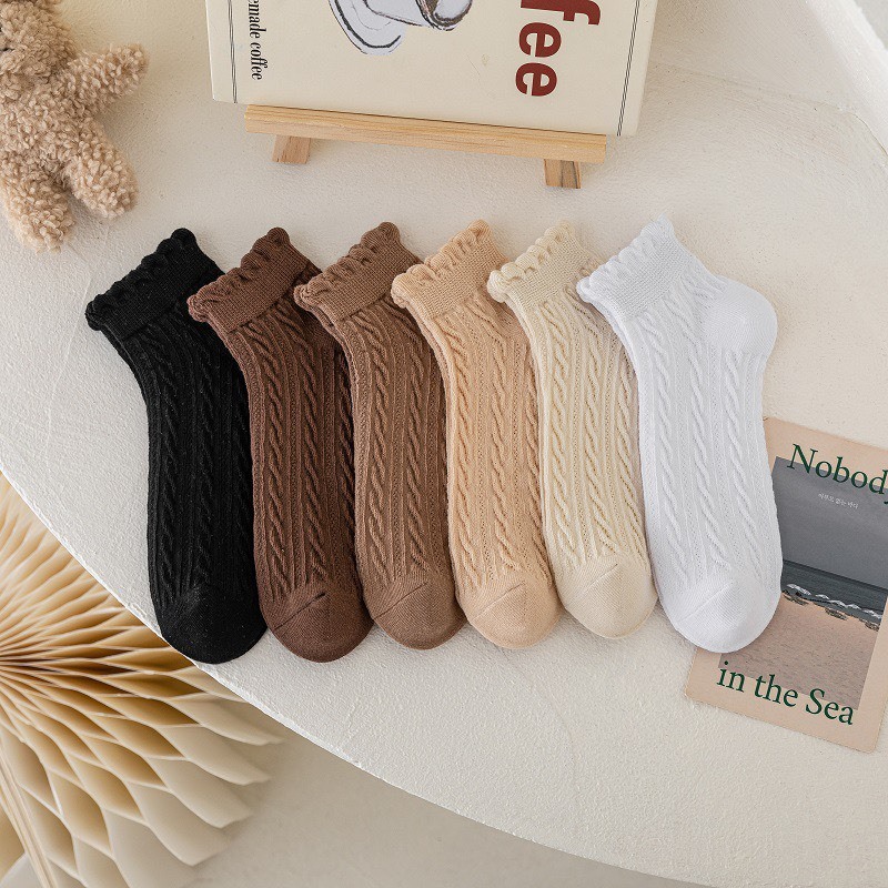 Set 5 Đôi Tất Len Gân Cổ Bèo Vặn Thừng Màu Tone Nâu Phong Cách Hàn