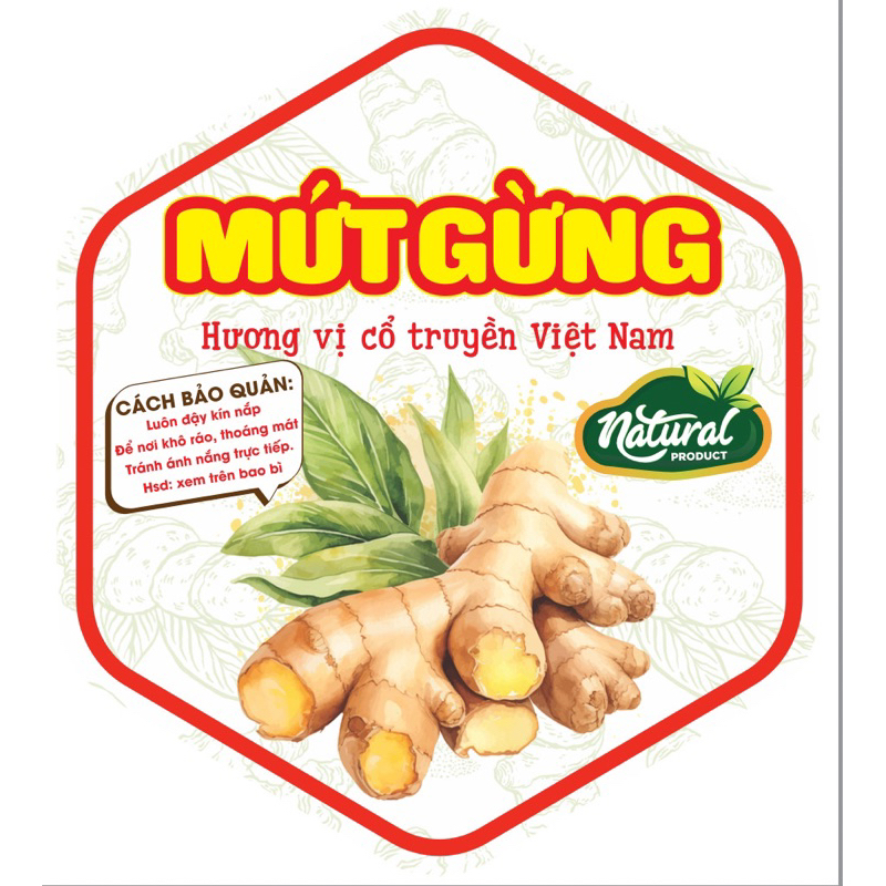 Tem Ăn Vặt “ Mứt Gừng “ Dán Thân Hộp 7x8cm Giá Rẻ Dán Hộp Mứt Xinh Ngày Tết