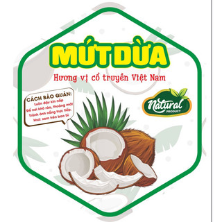 Tem nhãn ăn vặt “mứt dừa , mứt gừng” dán mứt tết lục giác 7x8cm dán thân hộp