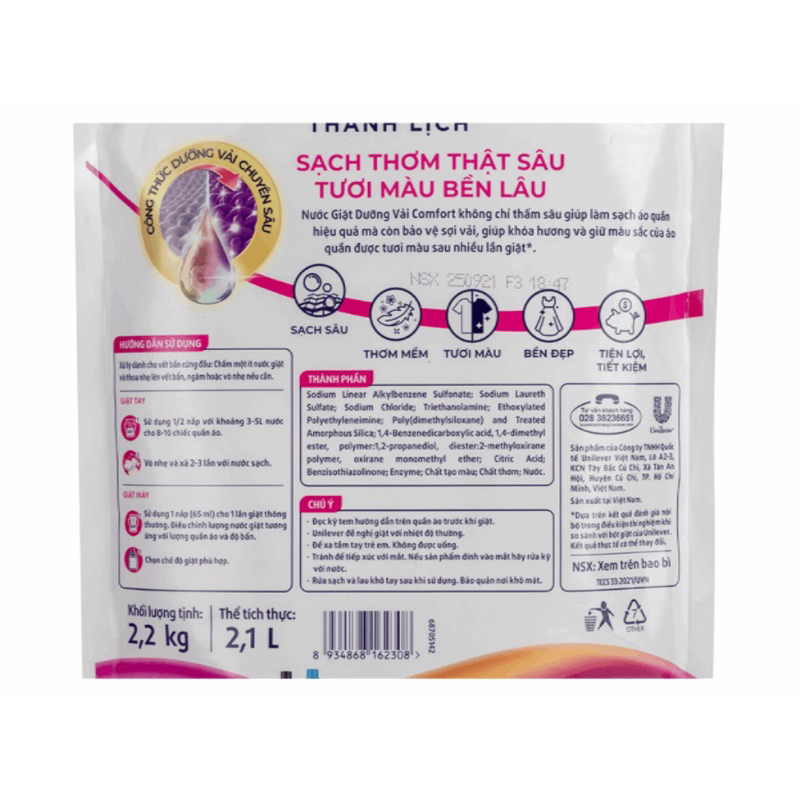 Nước giặt Comfort dưỡng vải hương thanh lịch giúp quần áo sạch thơm & tươi màu túi 2.2 kg