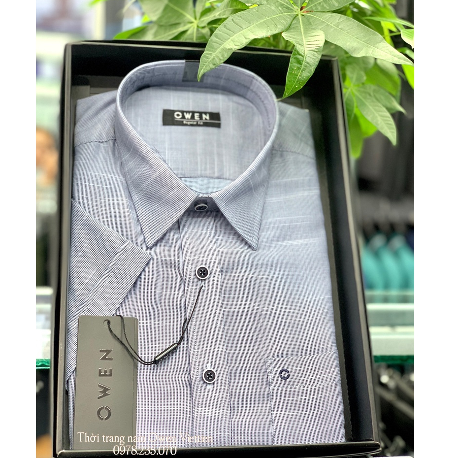 OWEN - Áo sơ mi ngắn tay Dobby xanh trắng sợi Bamboo dáng Regular Fit
