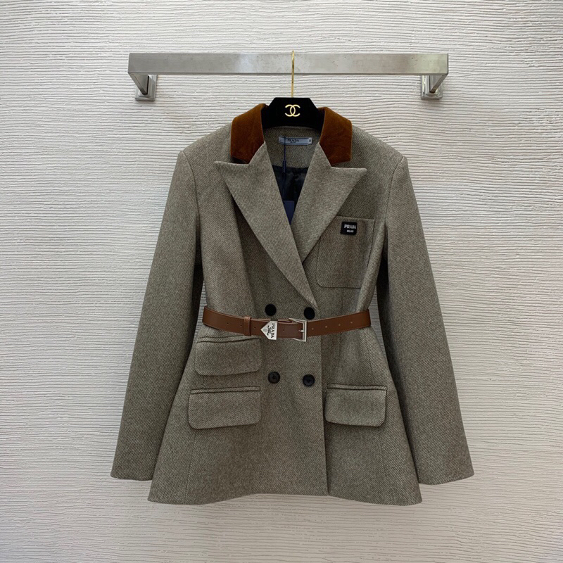 Áo khoác nữ phối đai thắt eo thời trang cao cấp Prada 2023