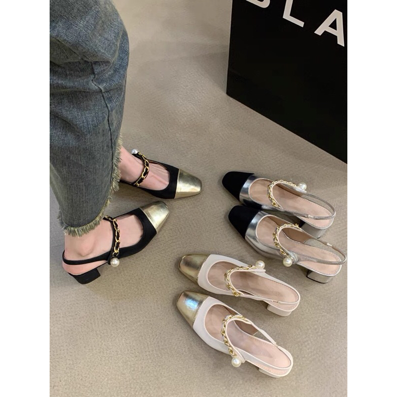 Giày mũi nhọn quai xích ngang, giày hở gót quai hậu 5cm mã HM77