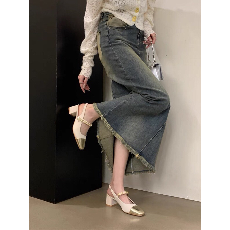 Giày mũi nhọn quai xích ngang, giày hở gót quai hậu 5cm mã HM77