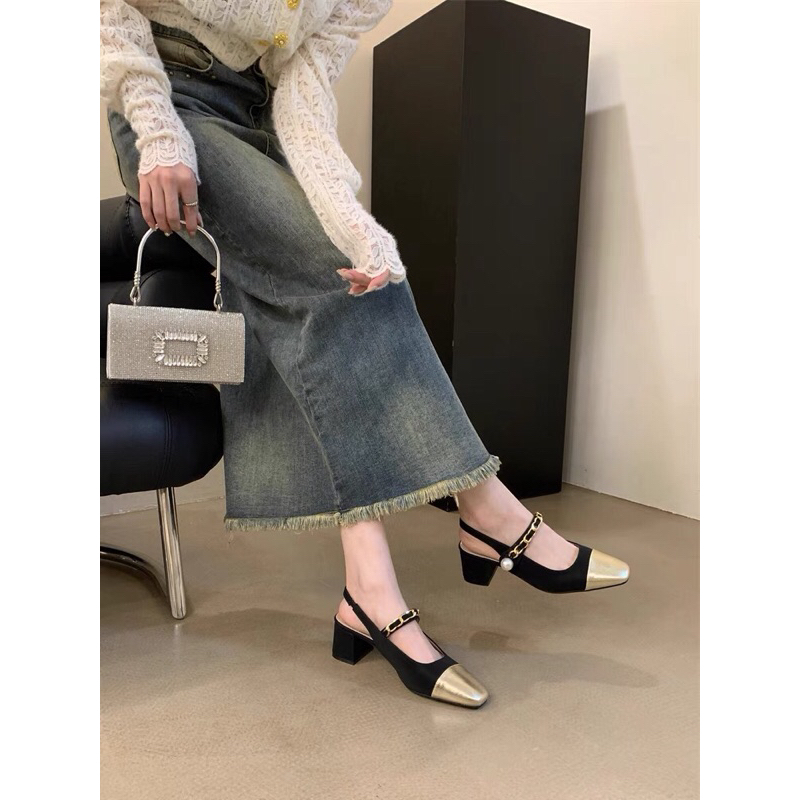 Giày mũi nhọn quai xích ngang, giày hở gót quai hậu 5cm mã HM77