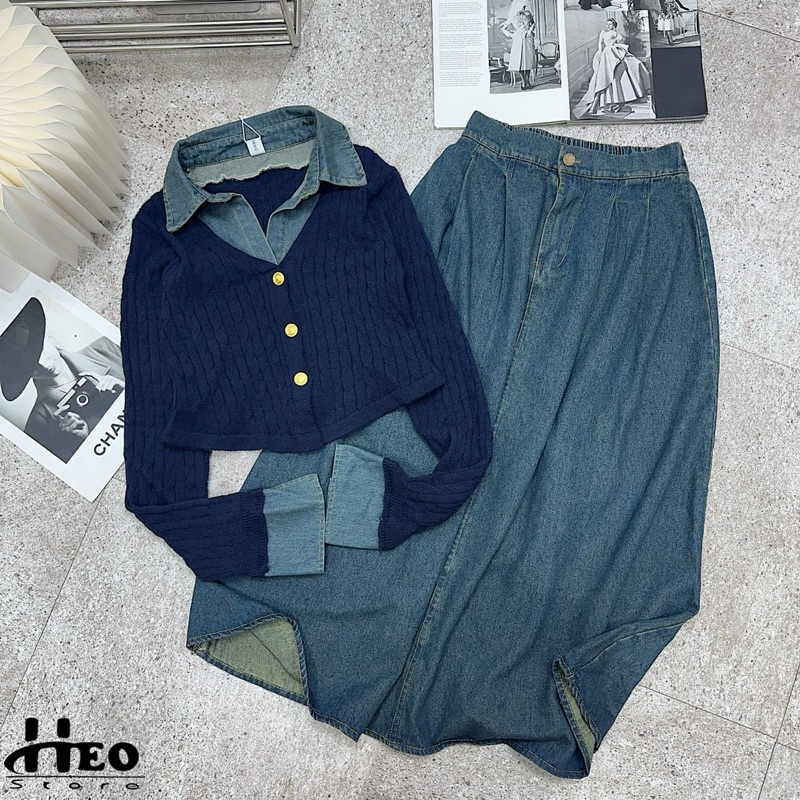 Set áo len phối jean mix chân váy dài chuẩn Ha Thu Hoang