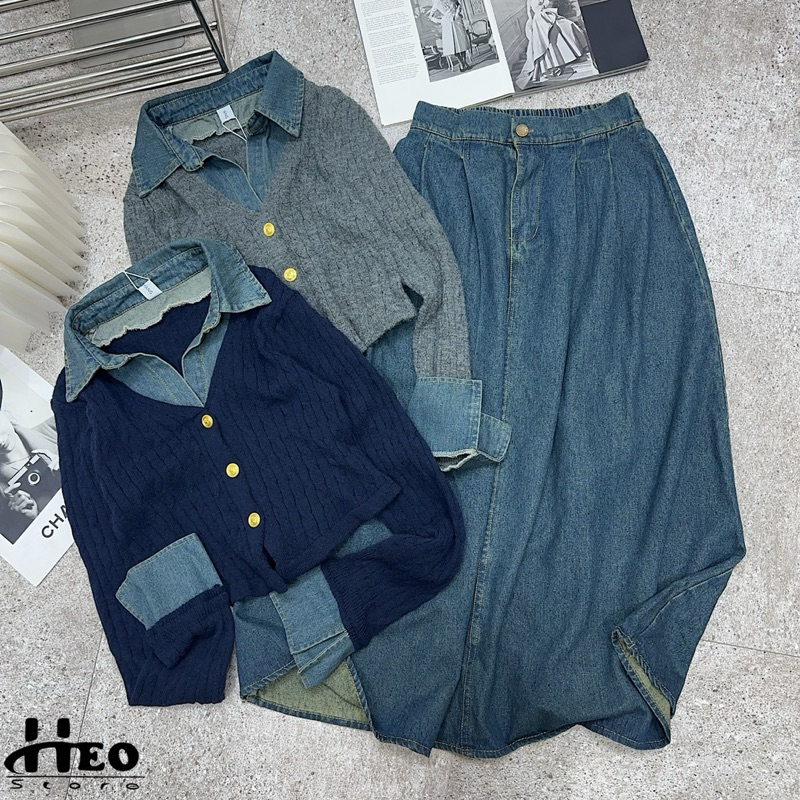 Set áo len phối jean mix chân váy dài chuẩn Ha Thu Hoang