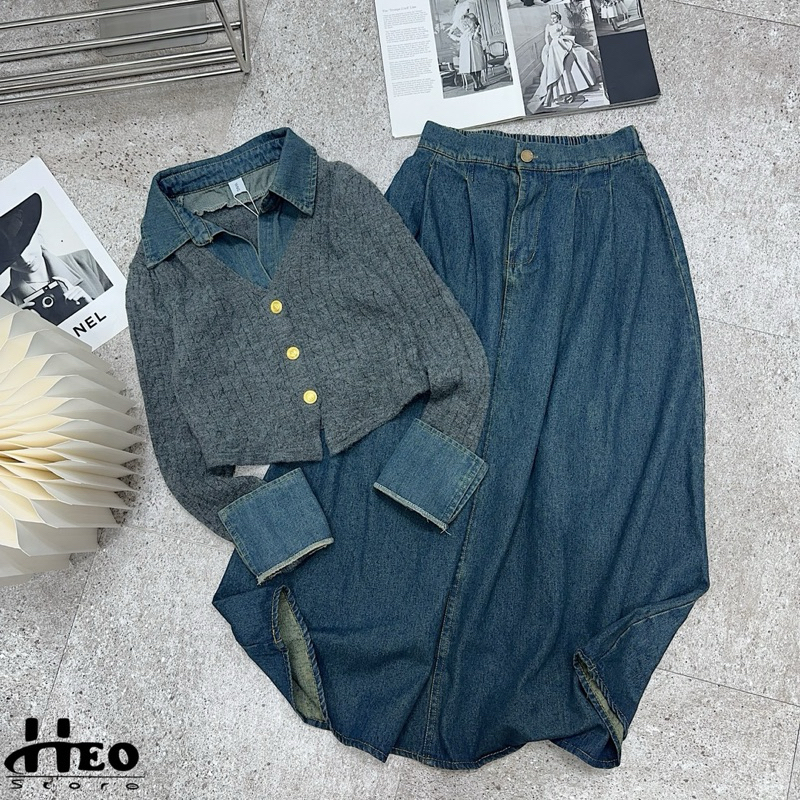 Set áo len phối jean mix chân váy dài chuẩn Ha Thu Hoang