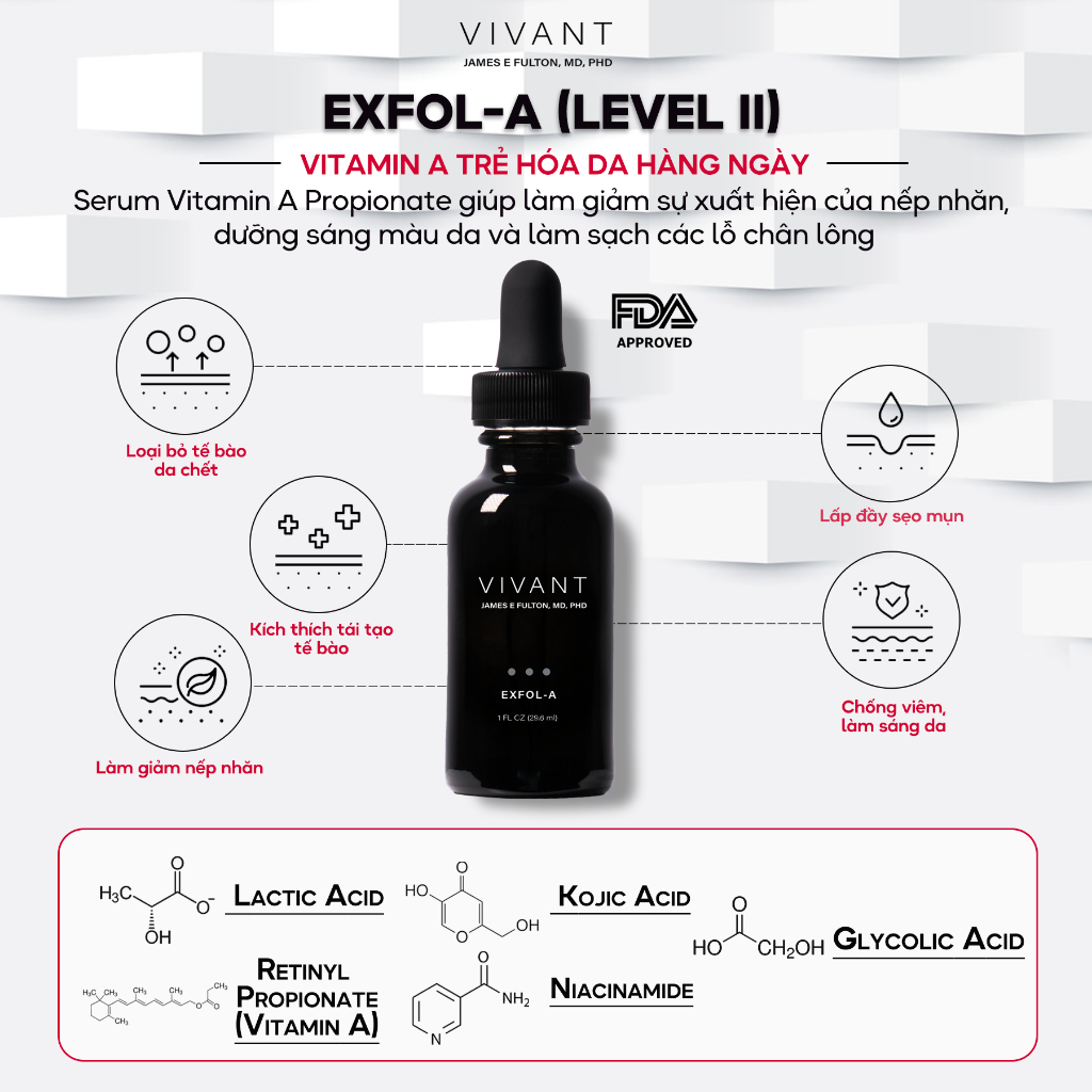 Serum Vivant Exfol-A, Exfol-A Forte, Derm-A-Gel giảm nếp nhăn, sẹo mụn và tăng sắc tố 29.6ml