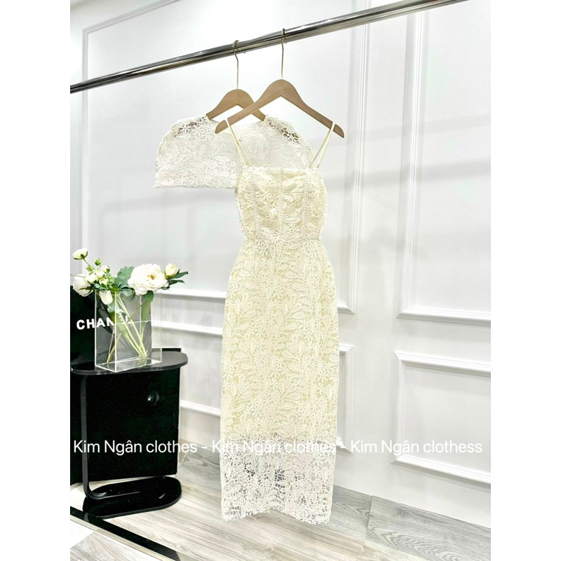 Váy thiết kế dáng dài ren mix áo choàng cổ siêu sang chảnh