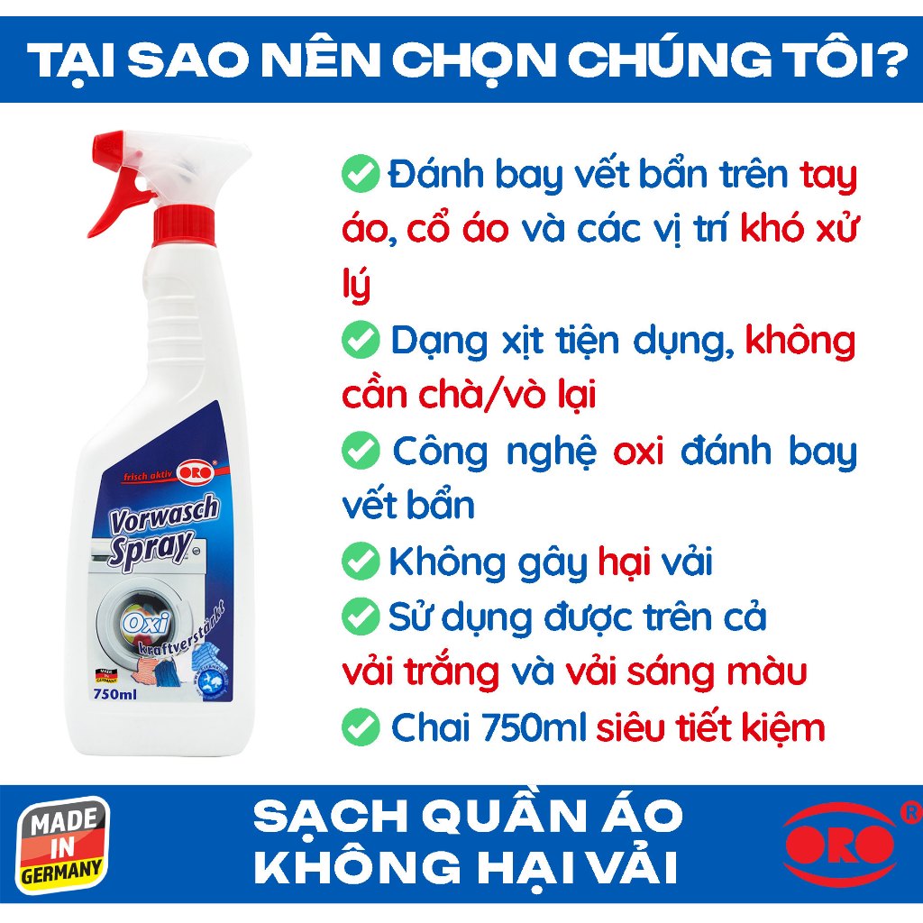 Xịt Tẩy Trắng Quần Áo ORO Nước Tẩy Trắng Cổ Áo, Tẩy Ố Vàng, Tẩy Lem Màu, Không Hại Vải 750ml