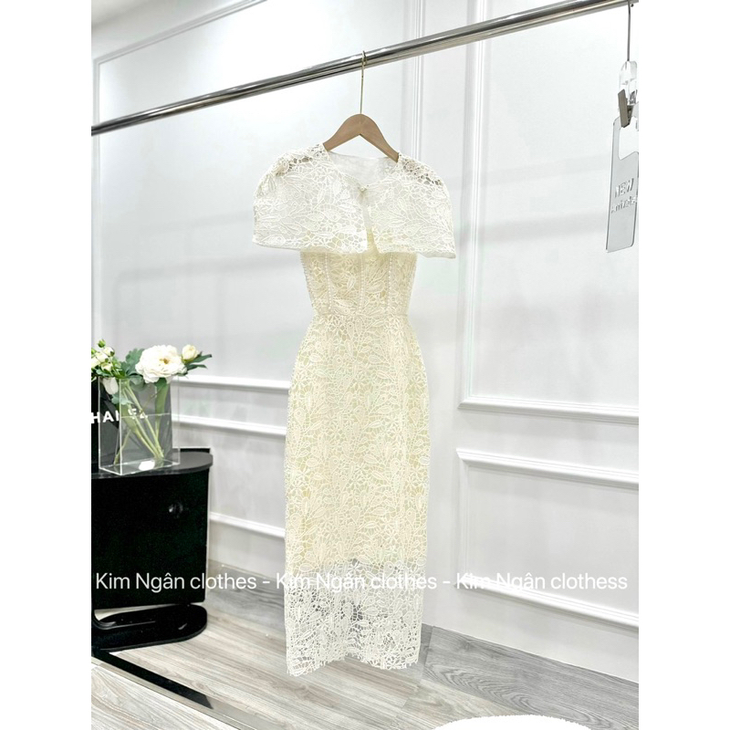 Váy thiết kế dáng dài ren mix áo choàng cổ siêu sang chảnh