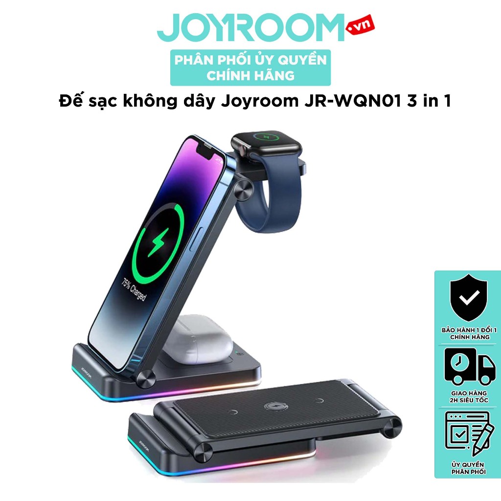 Đế sạc không dây Joyroom WQN01 sạc cùng lúc 3 thiết bị điện thoại, tai nghe không dây, đồng hồ thông minh
