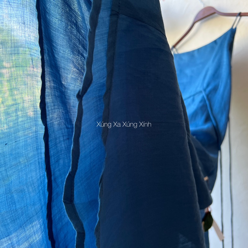 | 0303 studio | Đầm 2 dây đính dây eo- linen tơ 2 lớp - dòng Lam Khuê